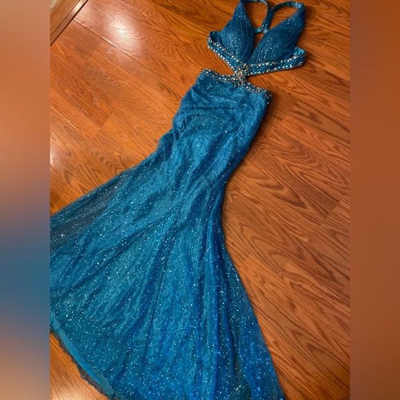 Vintage Y2K Dress Sequin Beaded Gown Slip Dress Cut Out Prom Dress Backless Blue - Picture 8 of 16